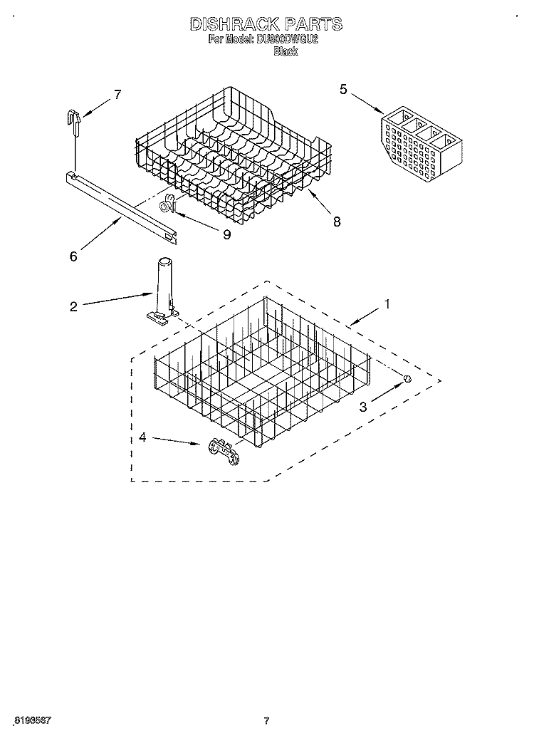 DISHRACK Diagram and Parts List for DU800DWGU2  Whirlpool Dishwasher