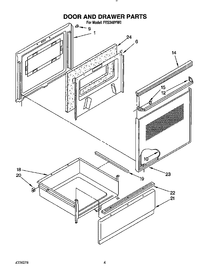 DOOR AND DRAWER Diagram and Parts List for FES340YW0  Roper Range