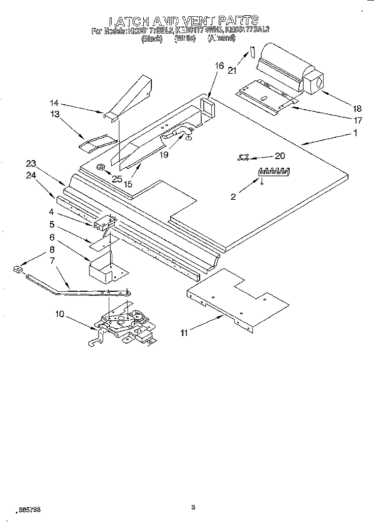 LATCH AND VENT Diagram and Parts List for KEBS177BBL3  KitchenAid Wall Oven
