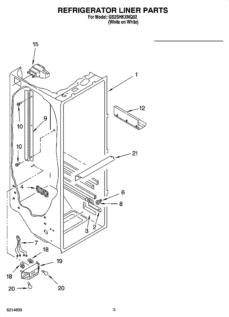 REFRIGERATOR LINER PARTS Diagram and Parts List for GS2SHKXNQ02  Whirlpool Refrigerator