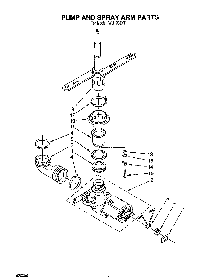 PUMP AND SPRAY ARM Diagram and Parts List for WU1000X7  Roper Dishwasher
