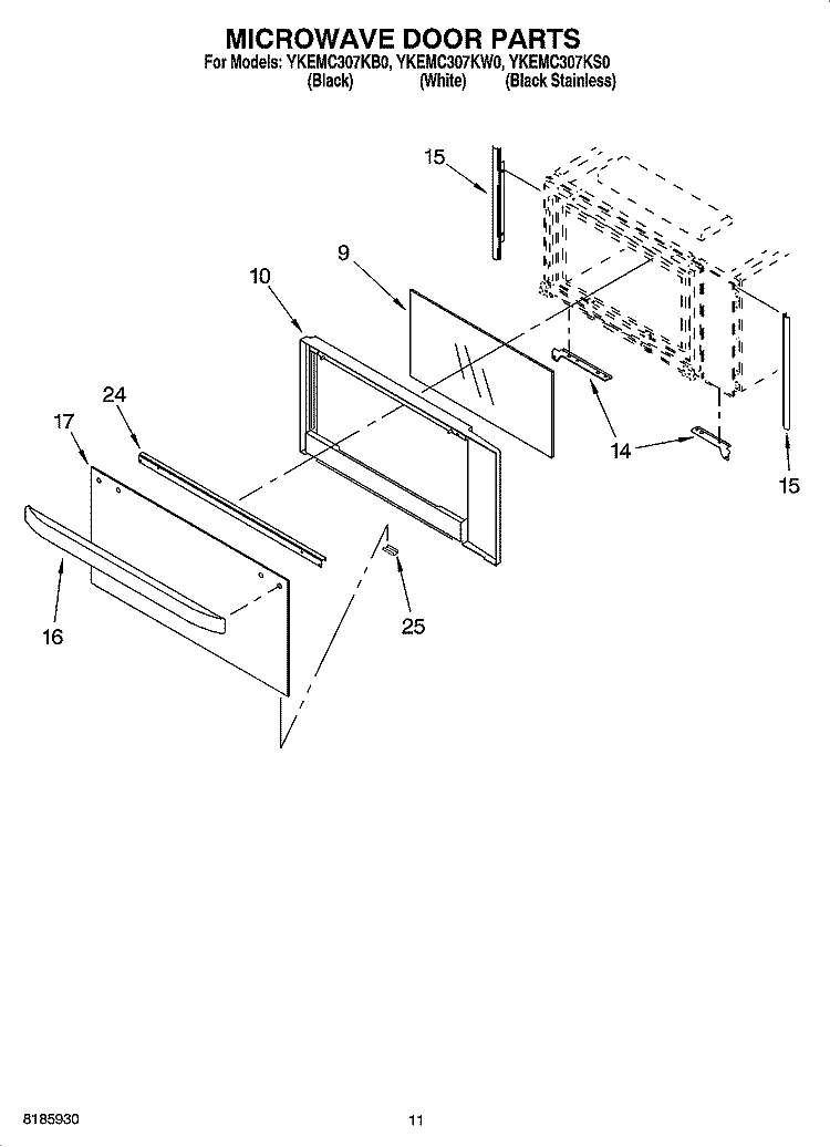 MICROWAVE DOOR PARTS Diagram and Parts List for YKEMC307KS0  KitchenAid Microwave Oven Combo
