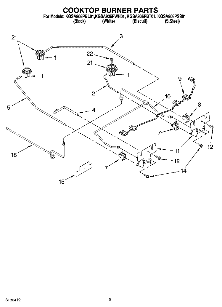 COOKTOP BURNER PARTS Diagram and Parts List for KGSA906PBL01  KitchenAid Range