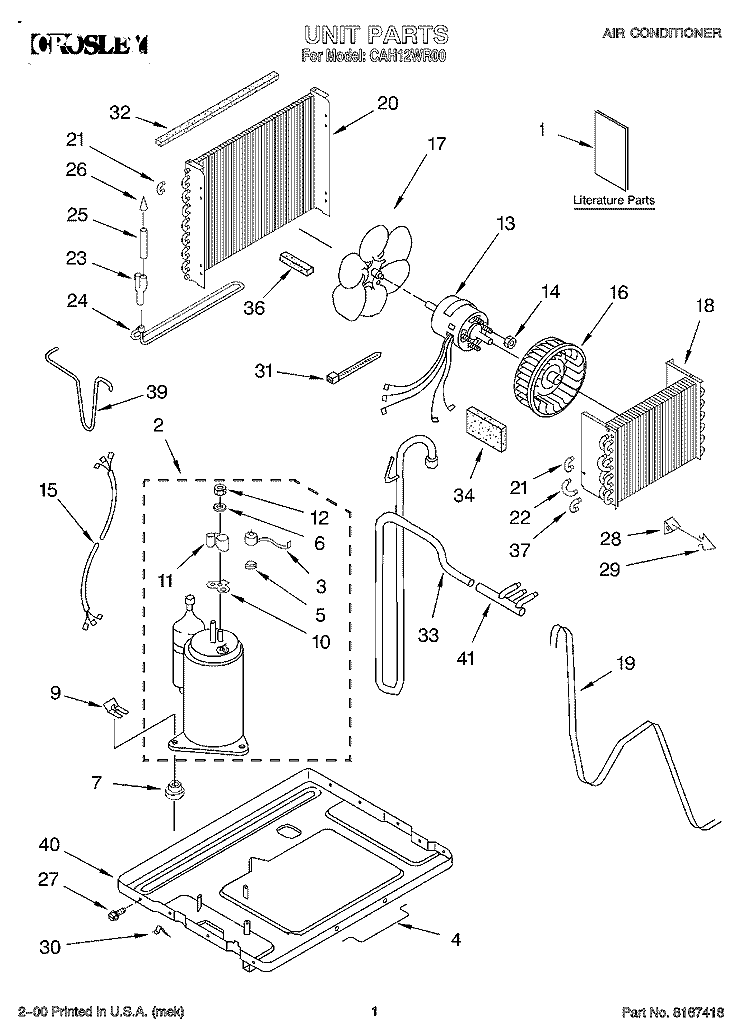 UNIT, LITERATURE Diagram and Parts List for CAH12WR00  Crosley Air Conditioner