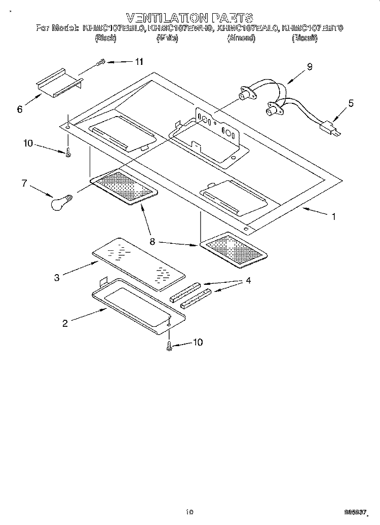 VENTILATION, INSTALLATION Diagram and Parts List for KHMC107EBT0  KitchenAid Microwave