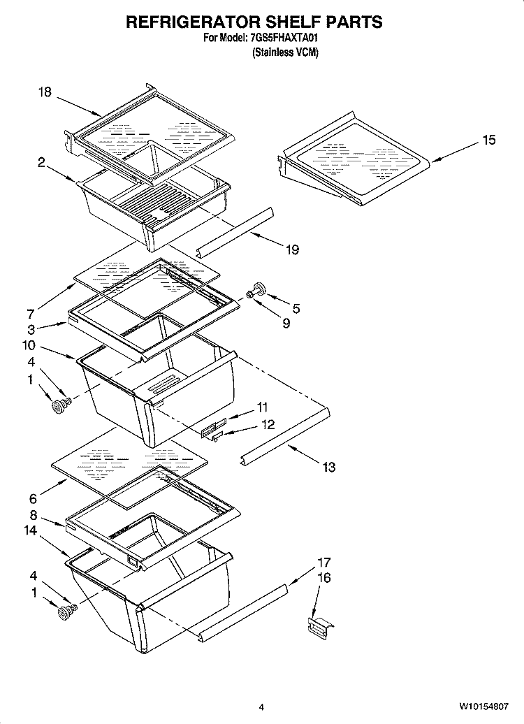 REFRIGERATOR SHELF PARTS Diagram and Parts List for 7GS5FHAXTA01  Whirlpool Refrigerator