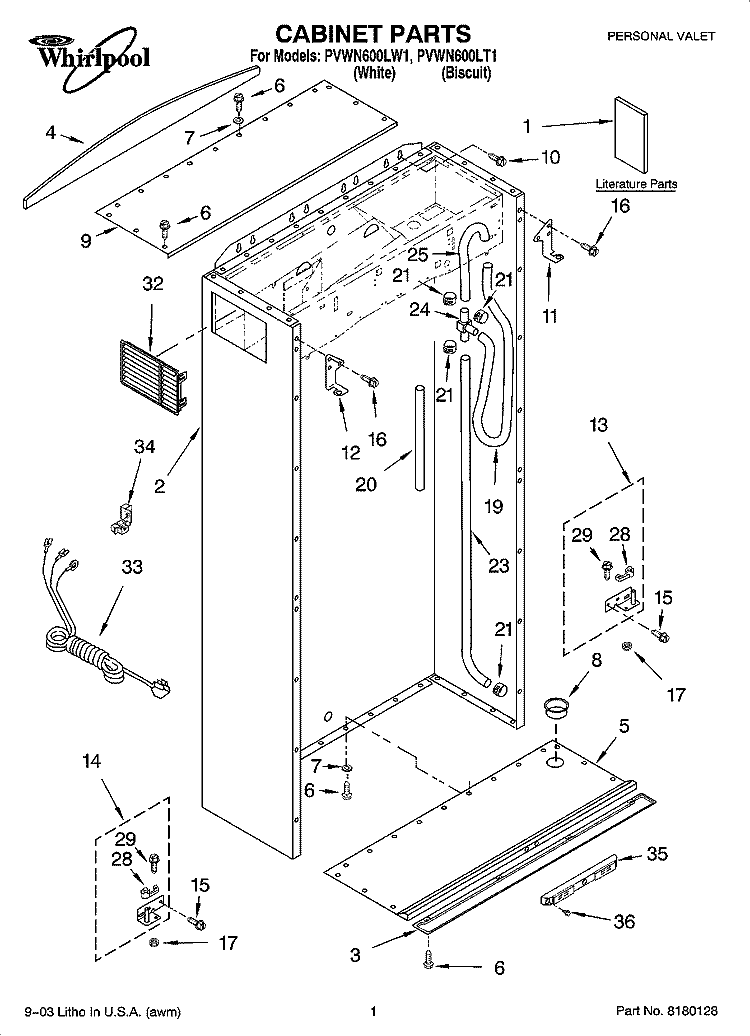 CABINET PARTS Diagram and Parts List for PVWN600LW1  Whirlpool Cabinet