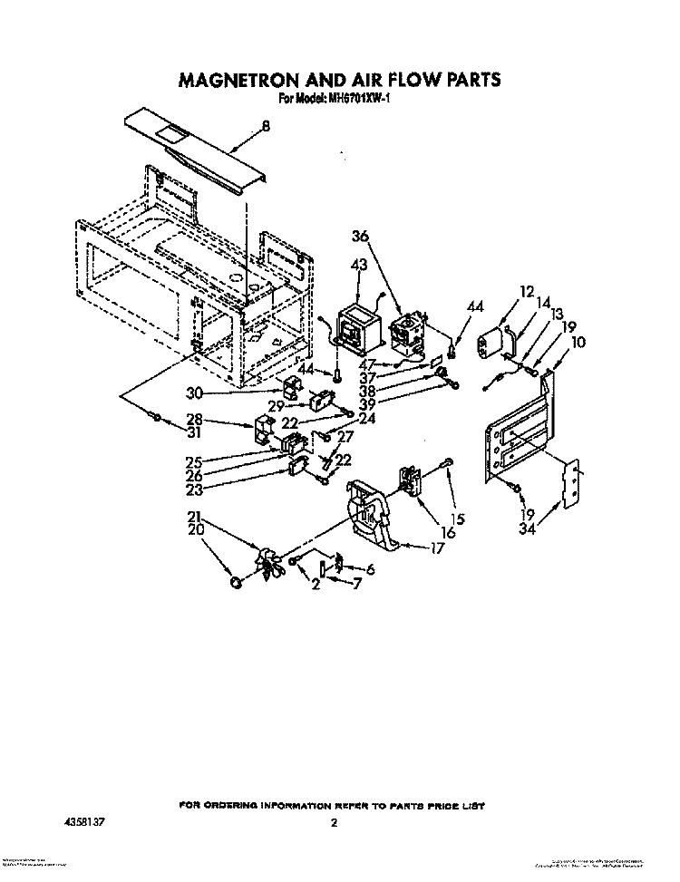 MAGNETRON AND AIR FLOW Diagram and Parts List for MH6701XW1  Whirlpool Microwave