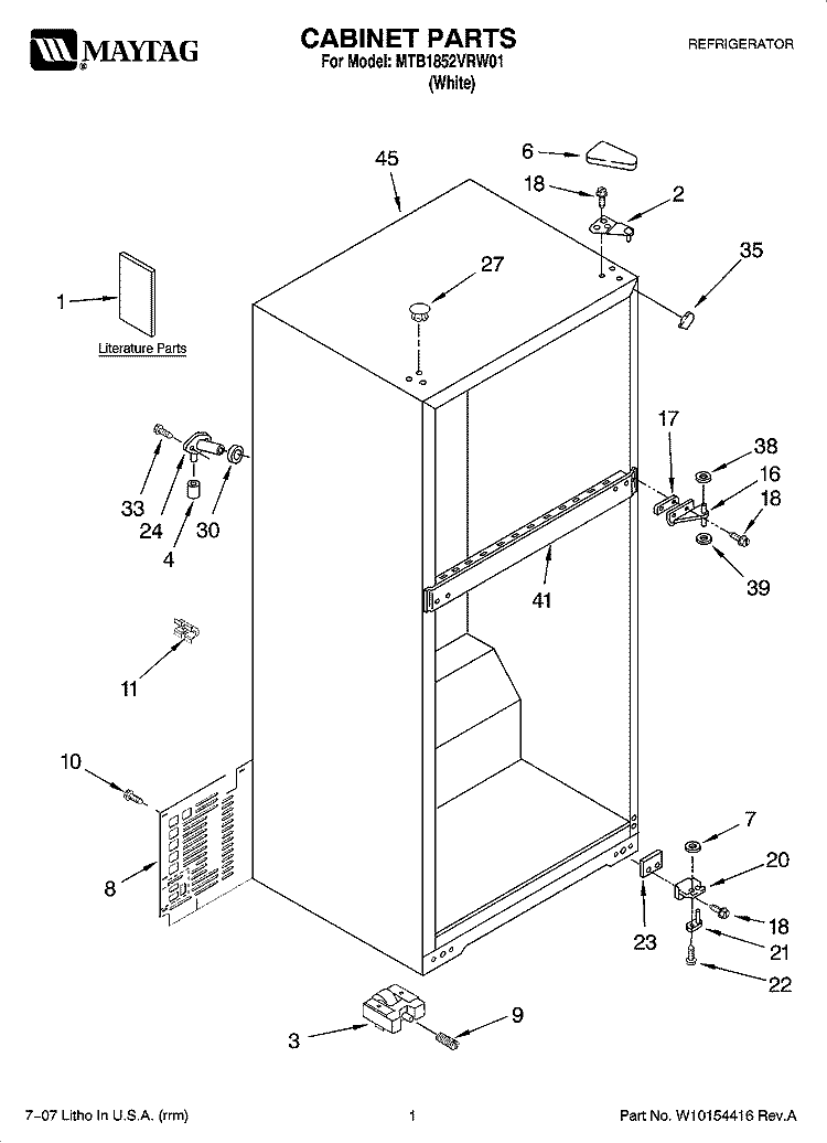 CABINET PARTS Diagram and Parts List for MTB1852VRW01  Whirlpool Refrigerator