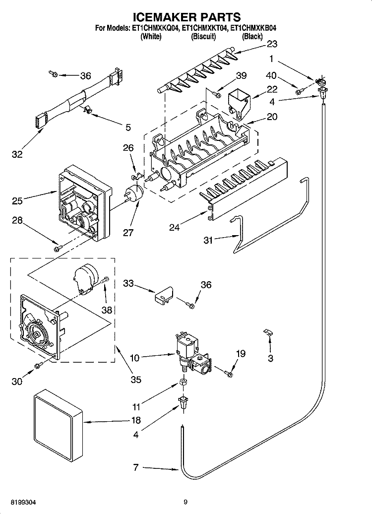 ICEMAKER PARTS Diagram and Parts List for ET1CHMXKQ04  Whirlpool Refrigerator