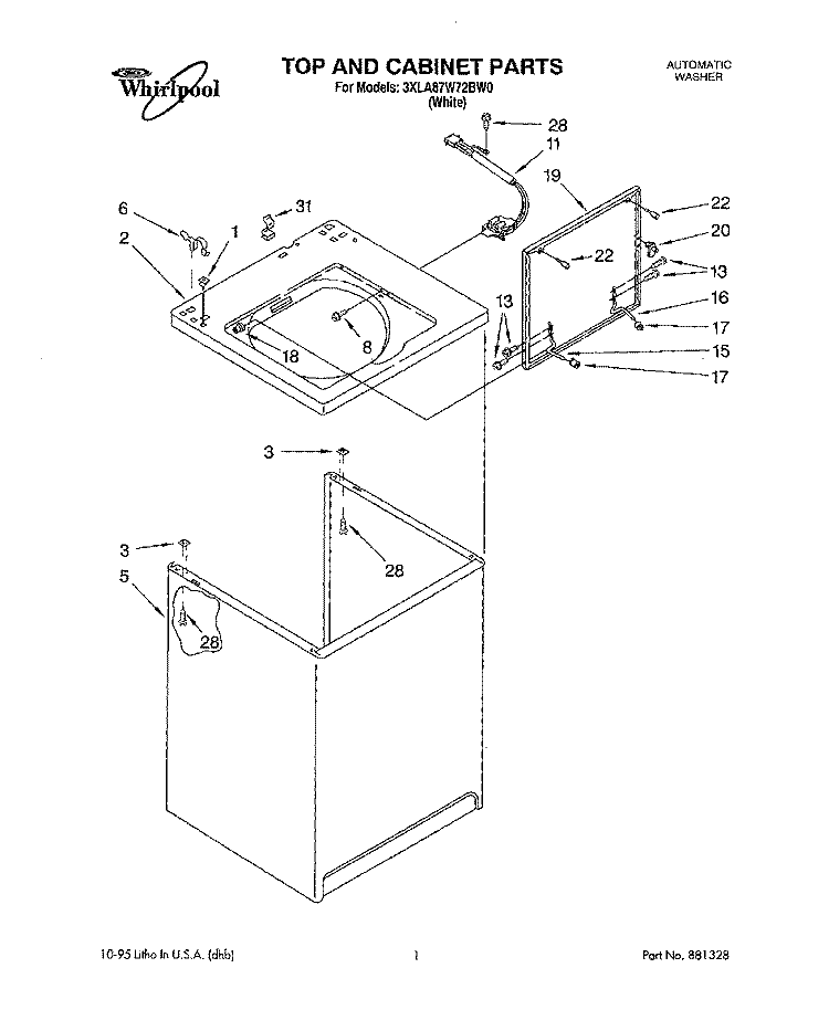 TOP AND CABINET Diagram and Parts List for 3XLA87W72BW0  Whirlpool Washer
