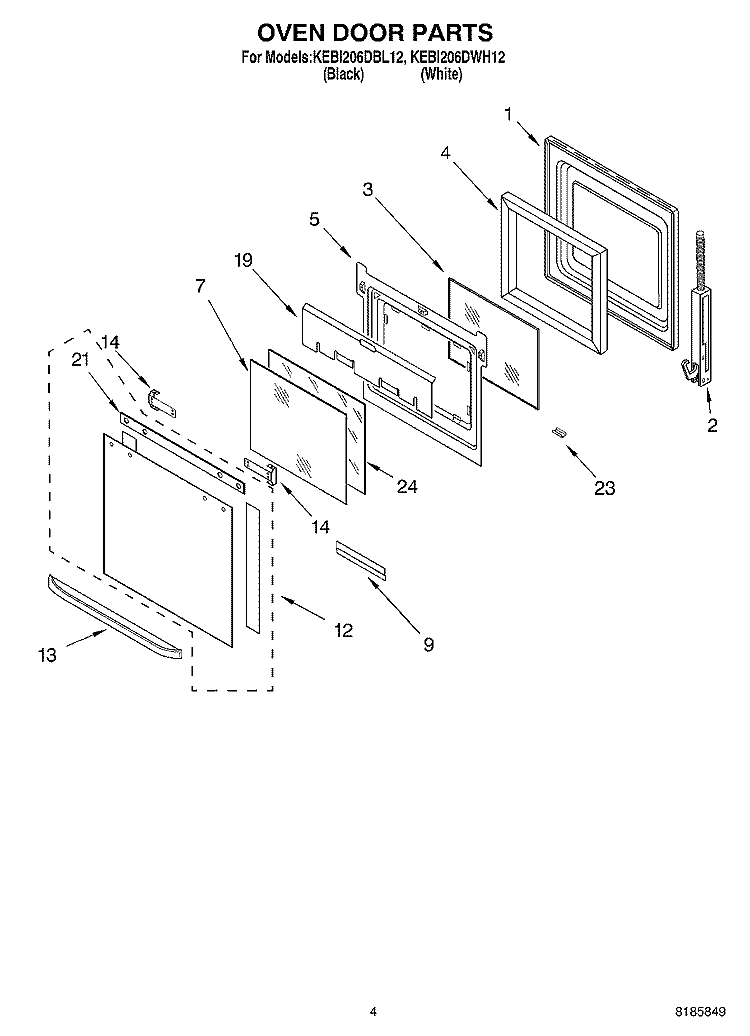 OVEN DOOR Diagram and Parts List for KEBI206DWH12  KitchenAid Wall Oven