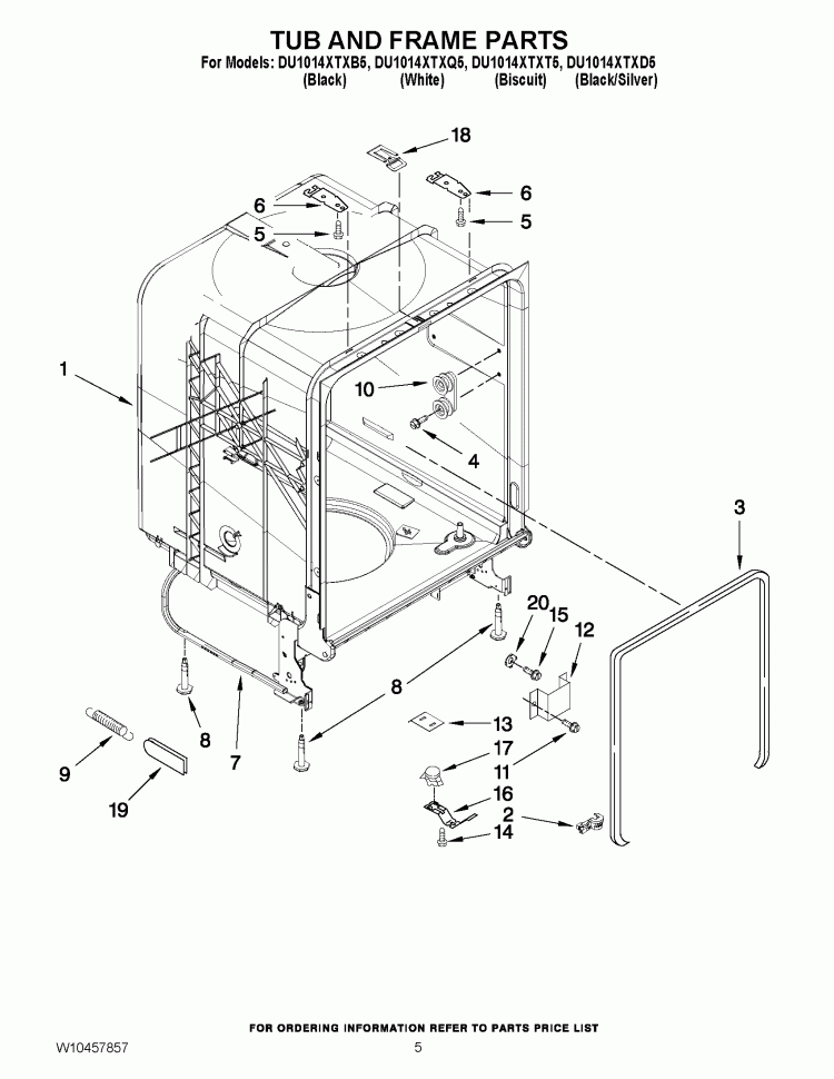 TUB AND FRAME PARTS Diagram and Parts List for DU1014XTXD5  Whirlpool Dishwasher
