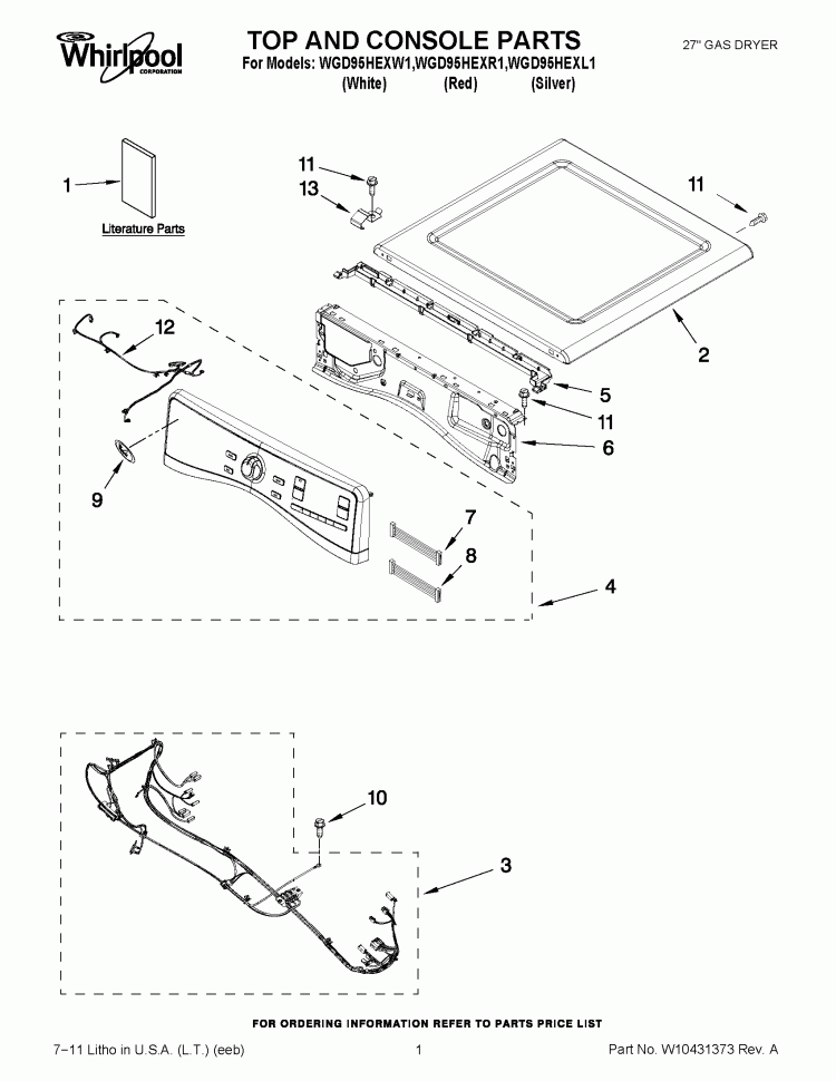 TOP AND CONSOLE PARTS Diagram and Parts List for WGD95HEXW1  Whirlpool Dryer