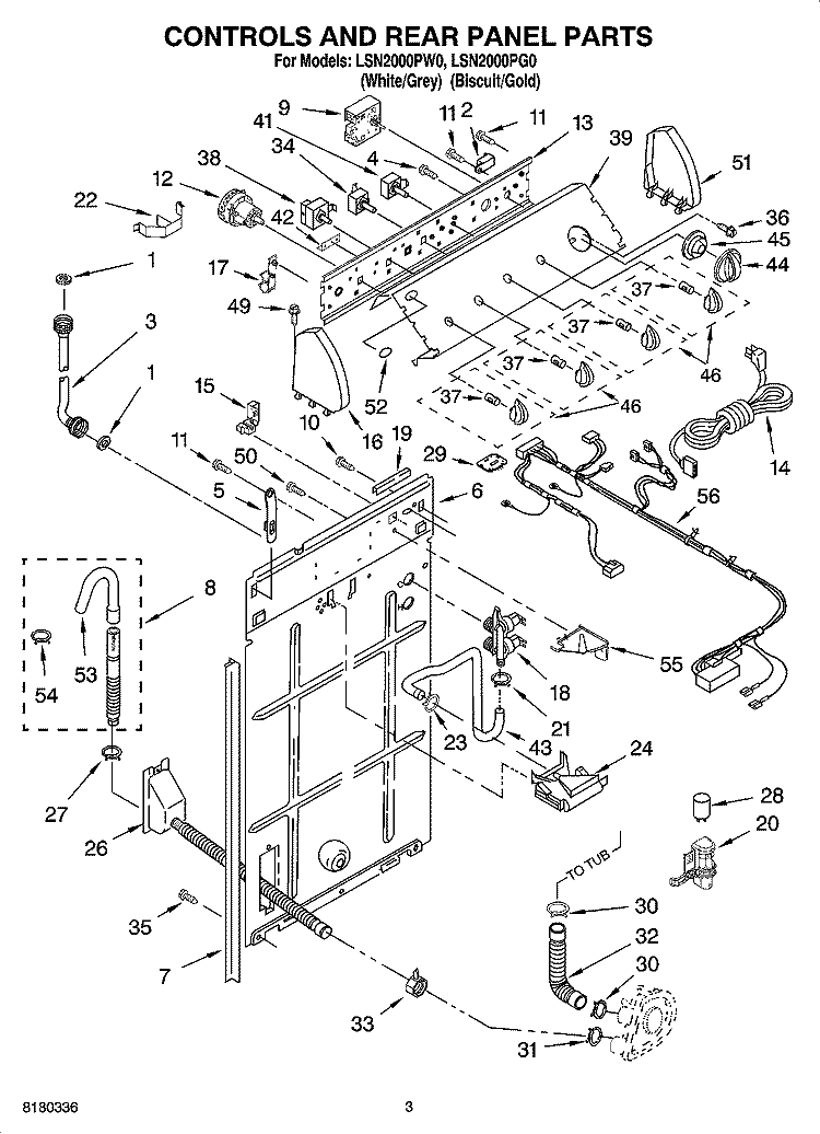 CONTROLS AND REAR PANEL PARTS Diagram and Parts List for LSN2000PG0  Whirlpool Washer