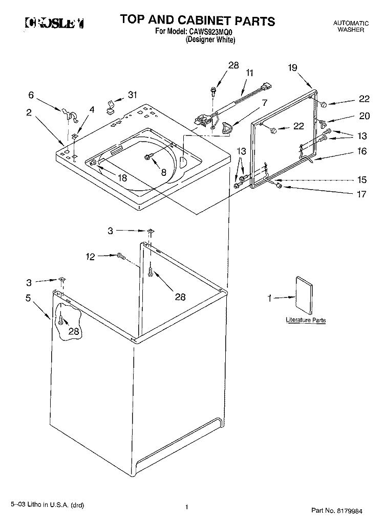 TOP AND CABINET PARTS Diagram and Parts List for CAWS923MQ0  Crosley Washer