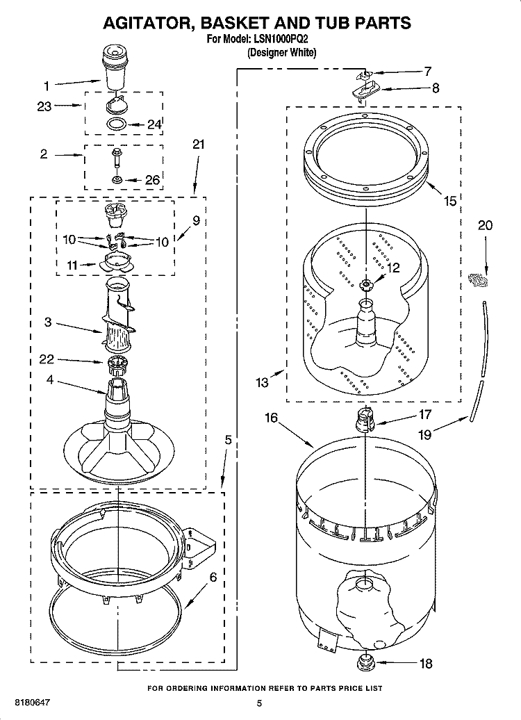 AGITATOR, BASKET AND TUB PARTS Diagram and Parts List for LSN1000PQ2  Whirlpool Washer