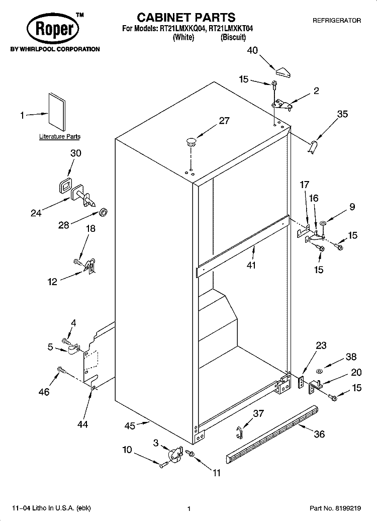 CABINET PARTS Diagram and Parts List for RT21LMXKQ04  Roper Refrigerator