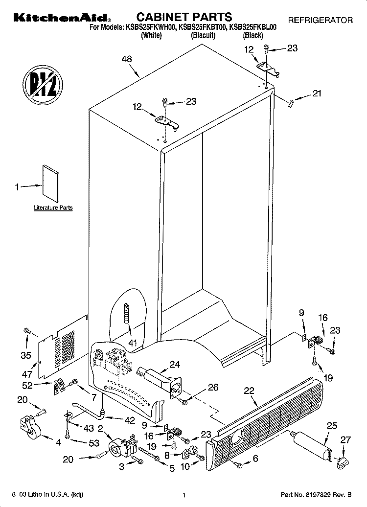 CABINET PARTS Diagram and Parts List for KSBS25FKBT00  KitchenAid Refrigerator