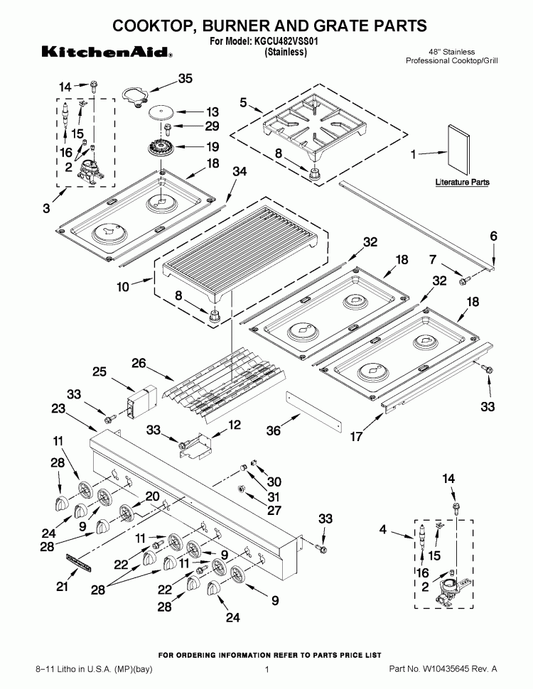 COOKTOP, BURNER AND GRATE PARTS Diagram and Parts List for KGCU482VSS01  KitchenAid Cooktop