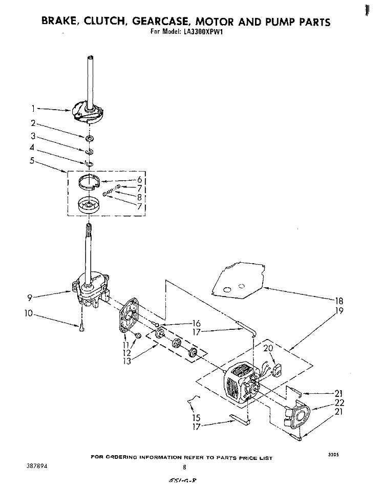 BRAKE, CLUTCH, GEARCASE, MOTOR AND PUMP Diagram and Parts List for LA3300XPW1  Whirlpool Washer