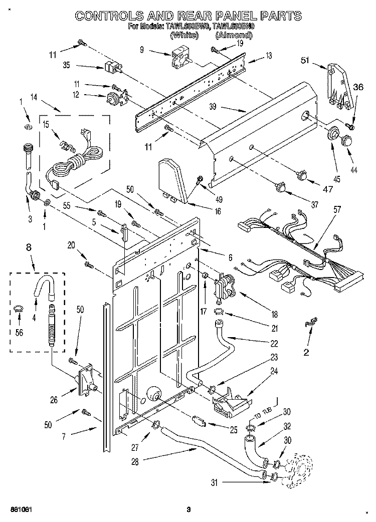 CONTROLS AND REAR PANEL Diagram and Parts List for TAWL650BW0  Estate Washer