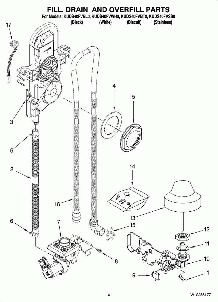FILL, DRAIN AND OVERFILL PARTS Diagram and Parts List for KUDS40FVSS0  KitchenAid Dishwasher