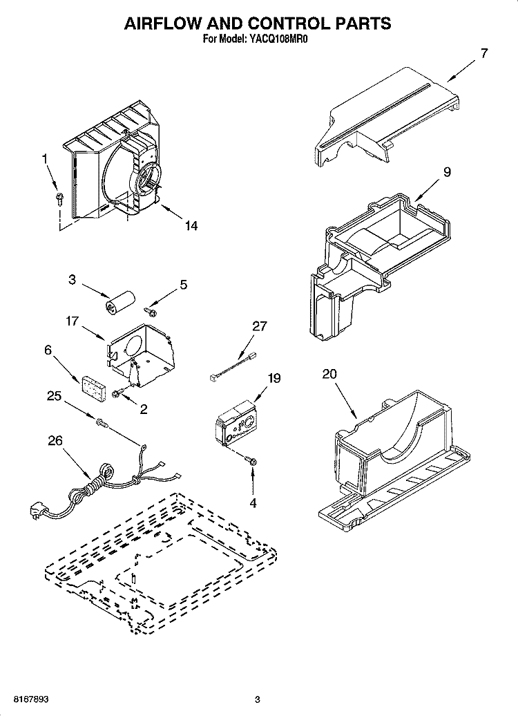 AIR FLOW AND CONTROL PARTS Diagram and Parts List for YACQ108MR0  Whirlpool Air Conditioner