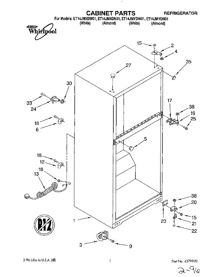 CABINET Diagram and Parts List for ET14JMYDW01  Whirlpool Refrigerator