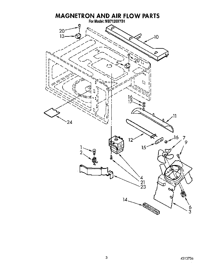 MAGNETRON AND AIR FLOW Diagram and Parts List for MB7120XYB1  Whirlpool Microwave