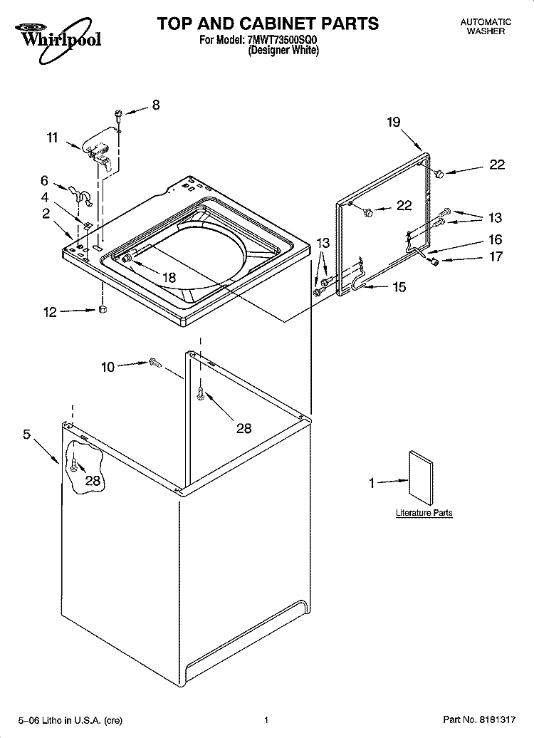 TOP AND CABINET PARTS Diagram and Parts List for 7MWT73500SQ0  Whirlpool Washer