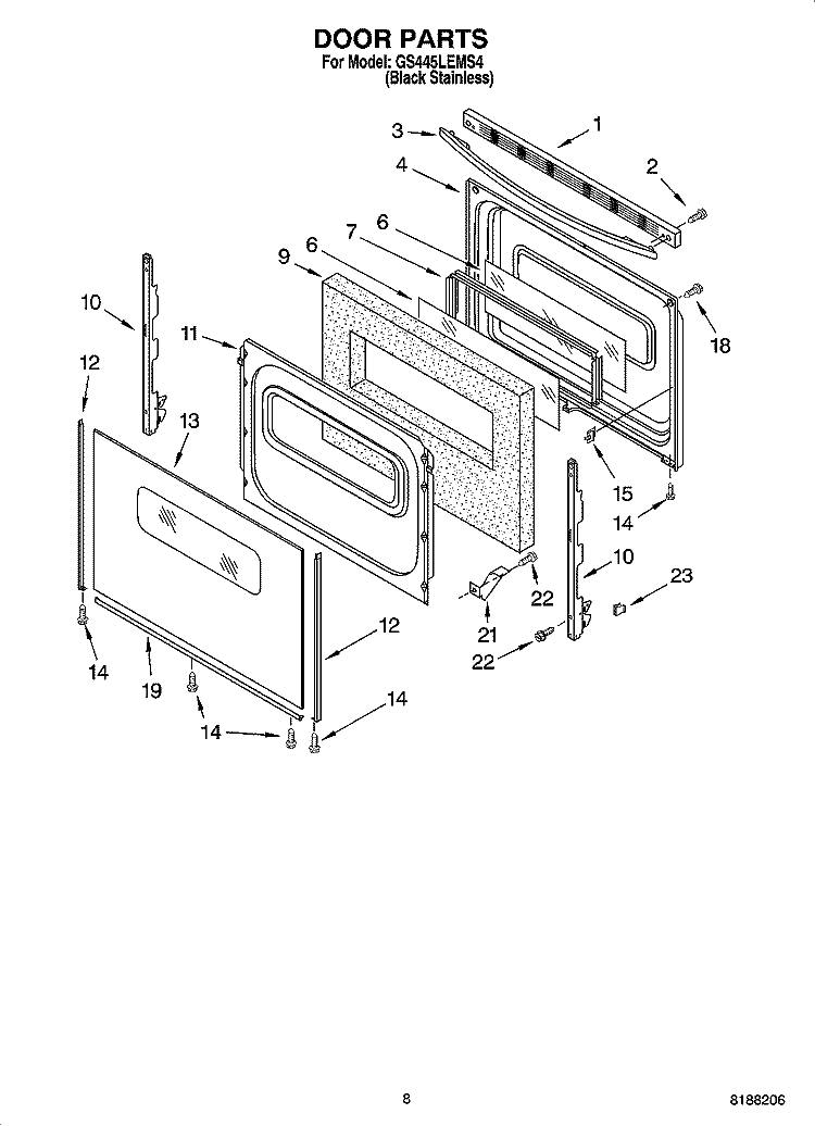 DOOR PARTS, OPTIONAL PARTS Diagram and Parts List for GS445LEMS4  Whirlpool Range