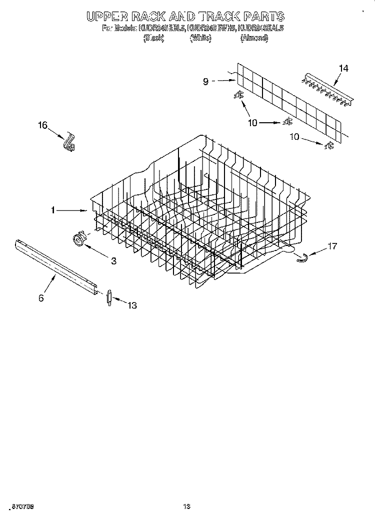 UPPER RACK AND TRACK Diagram and Parts List for KUDR24SEBL5  KitchenAid Dishwasher