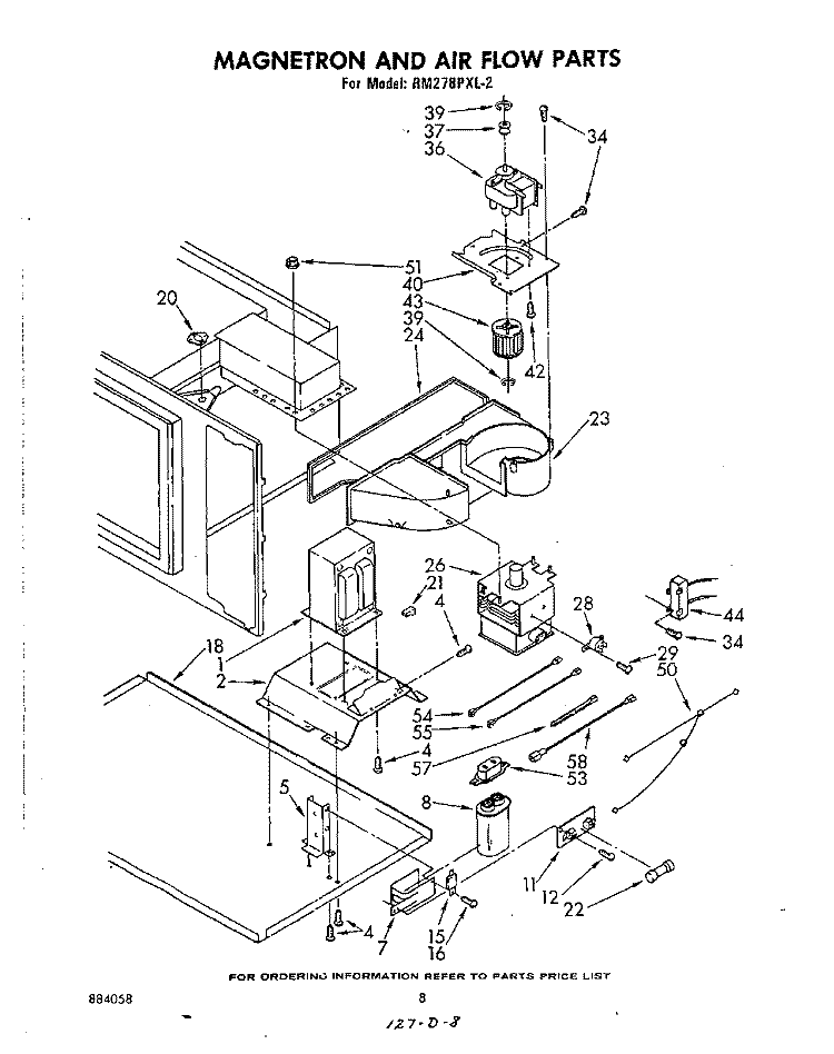 MAGNETRON AND AIR FLOW Diagram and Parts List for RM278PXL2  Whirlpool Microwave Oven Combo