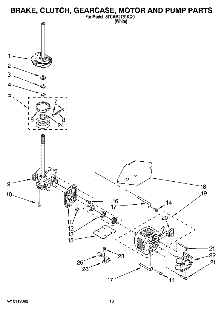 BRAKE, CLUTCH, GEARCASE, MOTOR AND PUMP PARTS Diagram and Parts List for 8TCAM2761KQ0  Whirlpool Washer