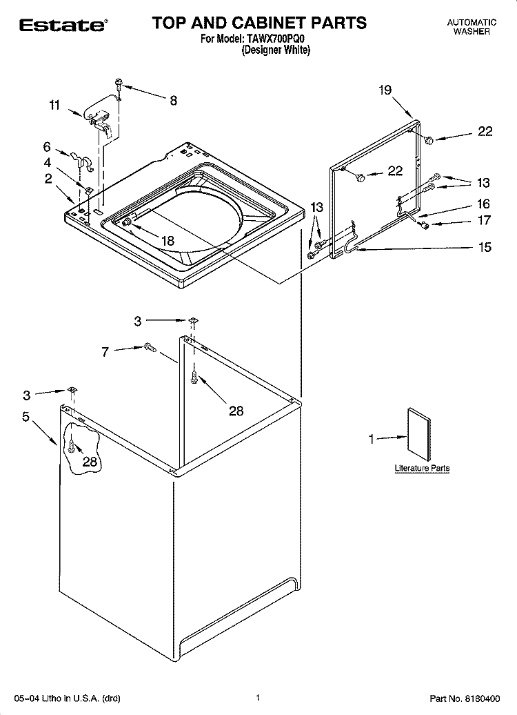 TOP AND CABINET PARTS Diagram and Parts List for TAWX700PQ0  Estate Washer