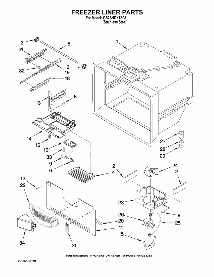 FREEZER LINER PARTS Diagram and Parts List for GB2SHDXTS03  Whirlpool Refrigerator