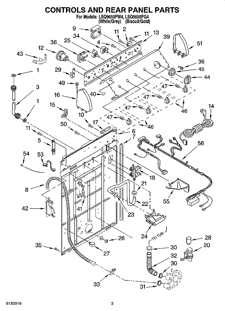 CONTROLS AND REAR PANEL PARTS Diagram and Parts List for LSQ9650PG4  Whirlpool Washer