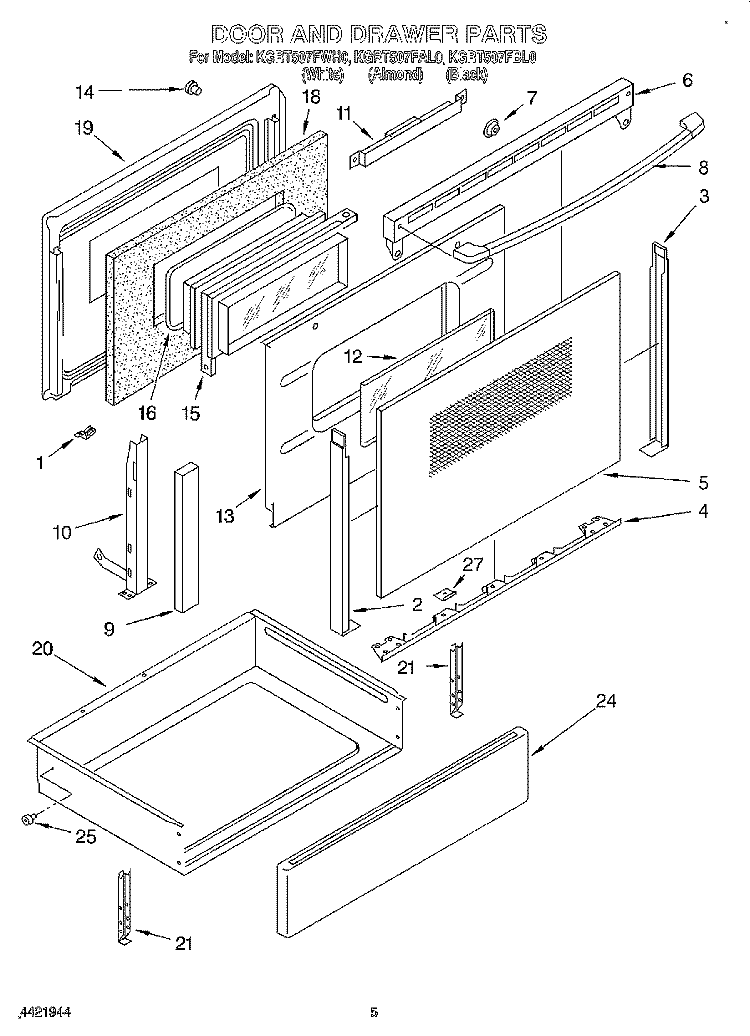 DOOR AND DRAWER Diagram and Parts List for KGRT507FAL0  KitchenAid Range