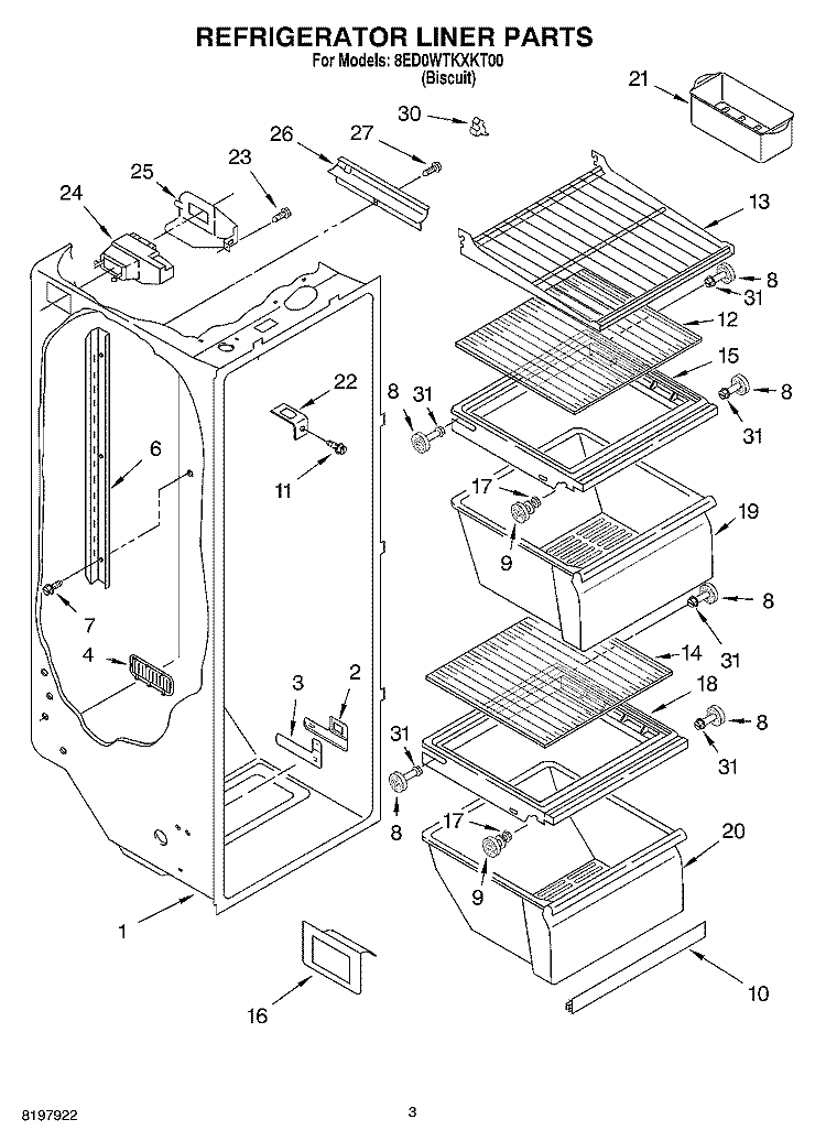 REFRIGERATOR LINER Diagram and Parts List for 8ED0WTKXKT00  Whirlpool Refrigerator