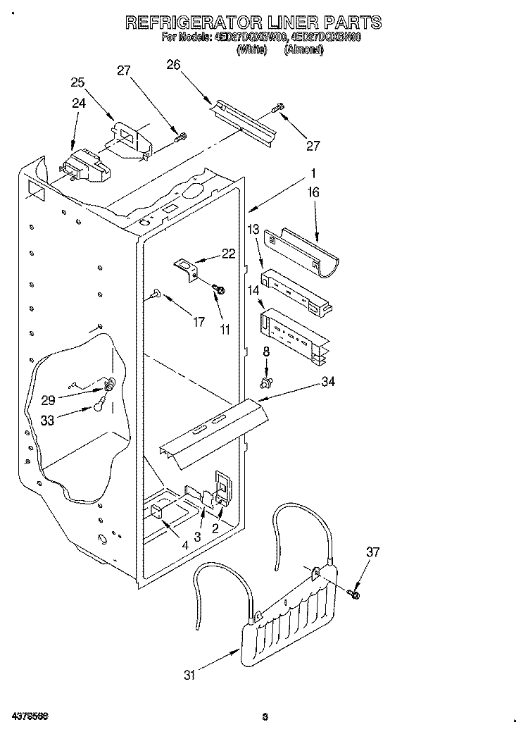 REFRIGERATOR LINER Diagram and Parts List for 4ED27DQXBN00  Whirlpool Refrigerator
