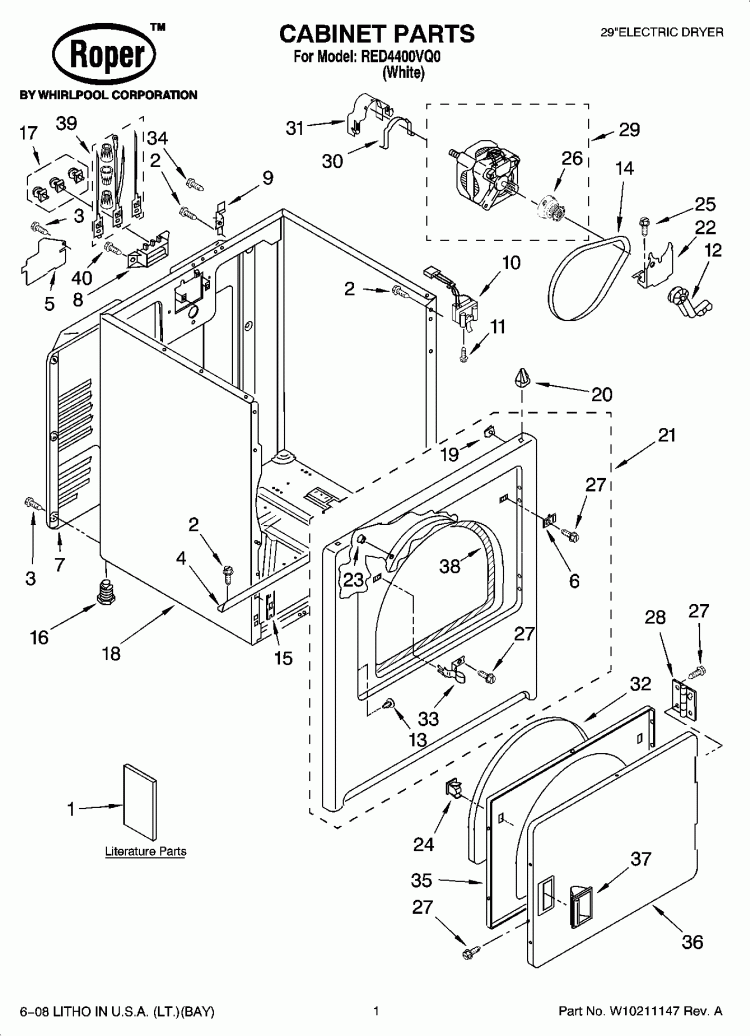 CABINET PARTS Diagram and Parts List for RED4400VQ0  Roper Dryer