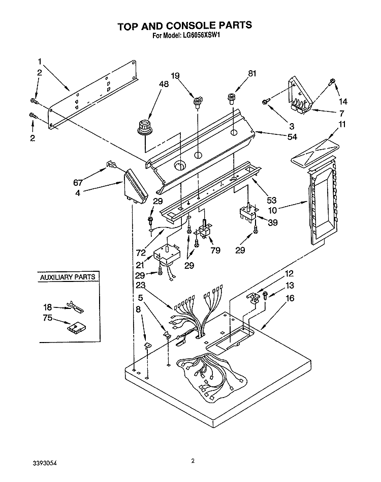 TOP AND CONSOLE, LIT/OPTIONAL Diagram and Parts List for LG6056XSW1  Whirlpool Dryer