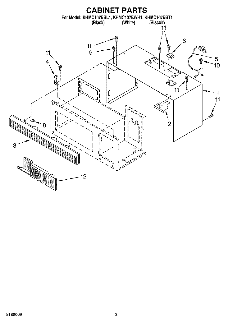 CABINET PARTS Diagram and Parts List for KHMC107EBL1  KitchenAid Microwave