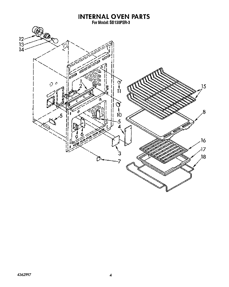 INTERNAL OVEN Diagram and Parts List for SB130PER3  Whirlpool Range