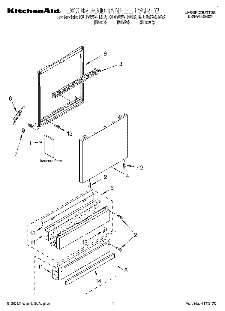 DOOR AND PANEL, LITERATURE Diagram and Parts List for KUDV25SHBL2  KitchenAid Dishwasher