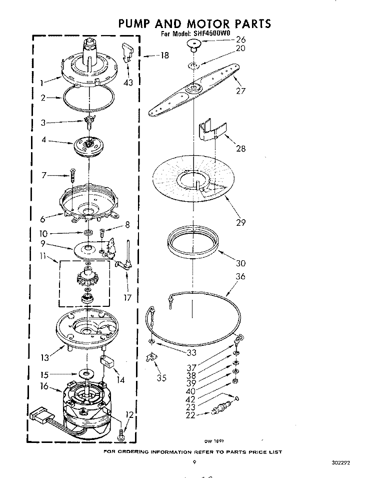 PUMP AND MOTOR Diagram and Parts List for SHF4500W0  Whirlpool Dishwasher