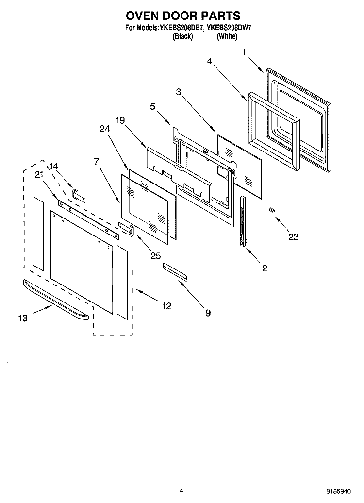 OVEN DOOR PARTS Diagram and Parts List for YKEBS208DB7  KitchenAid Wall Oven