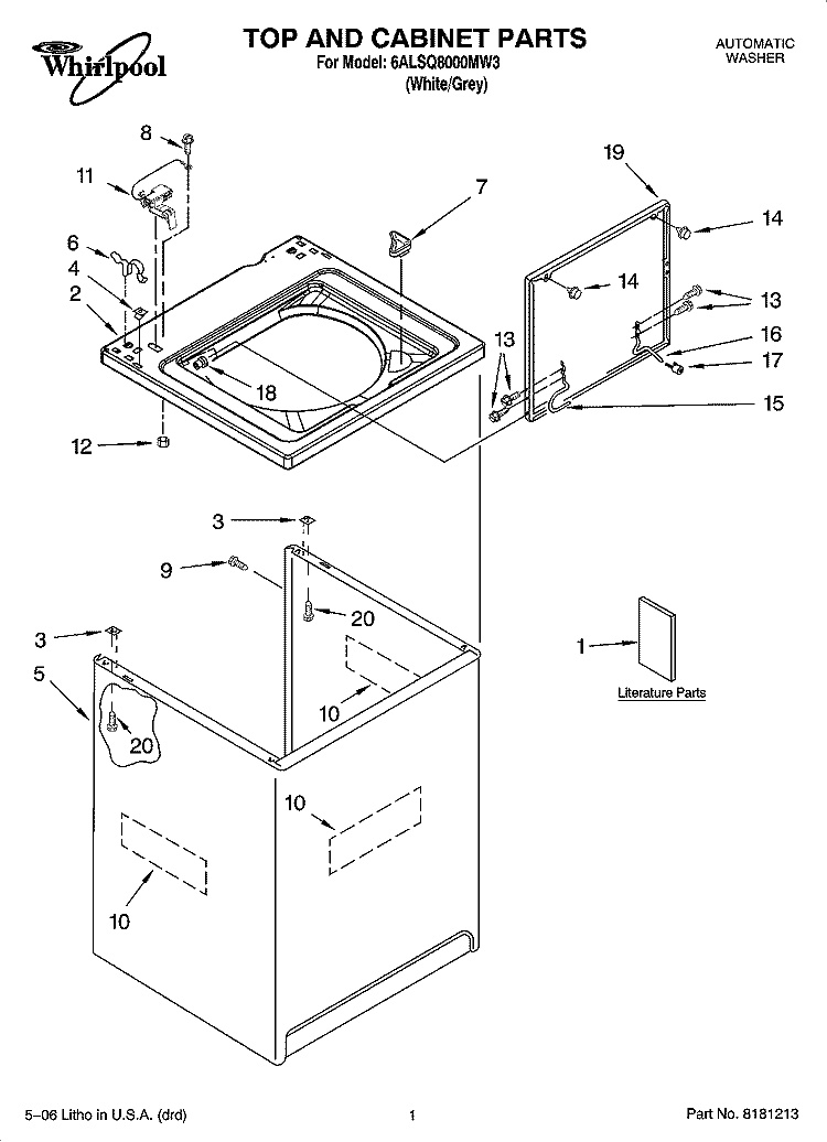 TOP AND CABINET PARTS Diagram and Parts List for 6ALSQ8000MW3  Whirlpool Washer