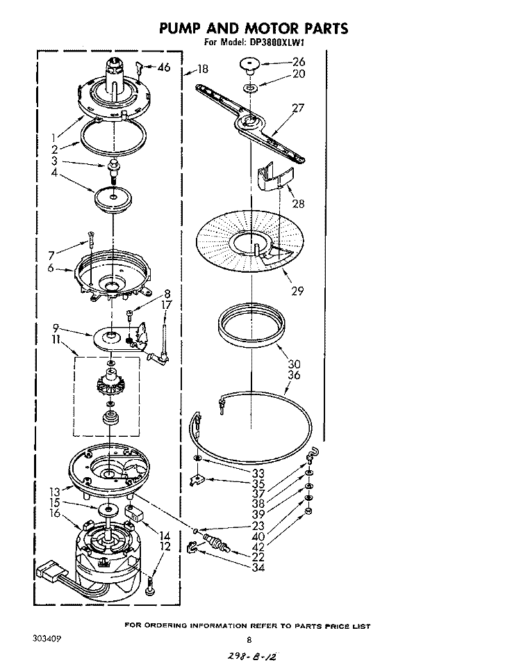 PUMP AND MOTOR Diagram and Parts List for DP3800XLW1  Whirlpool Dishwasher